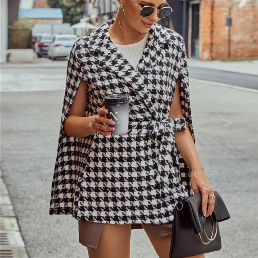 Glam tweed houndstooth print blazer cape coat